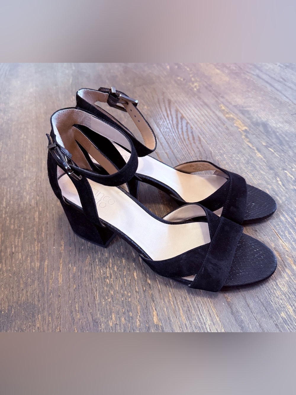 Franco Sarto black suede Ankle-Strap Block Heel Sandals
Size 9.5